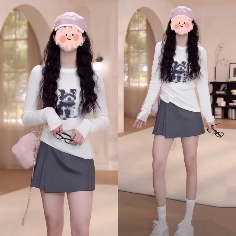 早春穿搭一整套女2025新款韩系修身百搭长袖T恤显瘦裤裙两件套女