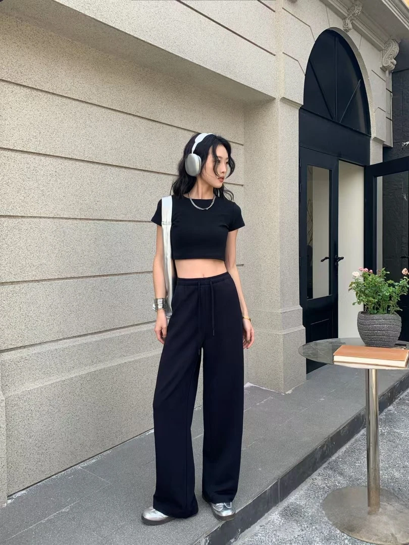 新品中腰小直筒裤时尚卫裤抽绳休闲裤显瘦百搭潮流宽松垂感运动