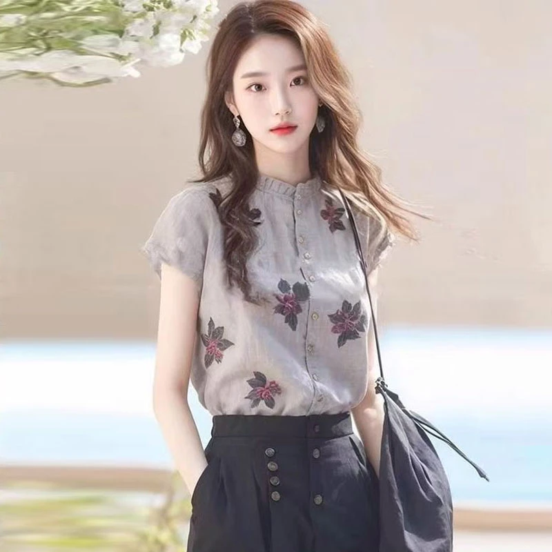 【商场同款】夏季复古压褶立领修身显瘦花朵亚麻短袖衬衫5300983