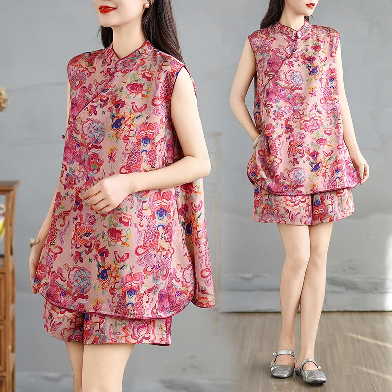 妈妈无袖衬衫短裤套装2025夏季新款中式国风洋气复古中老年两件套