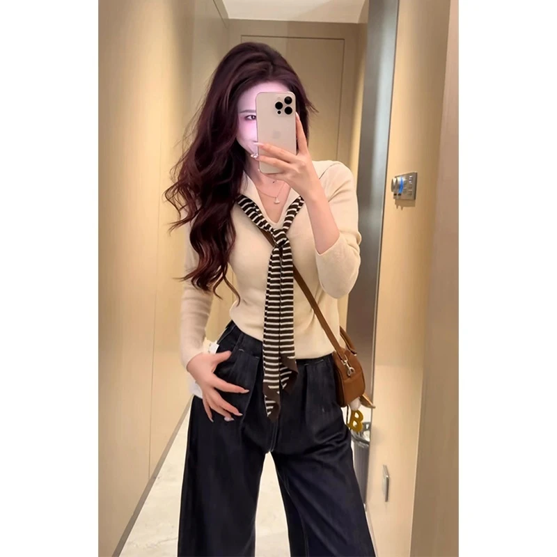 海军领条纹披肩假两件白色长袖T恤女2025早秋新款修身设计感上衣