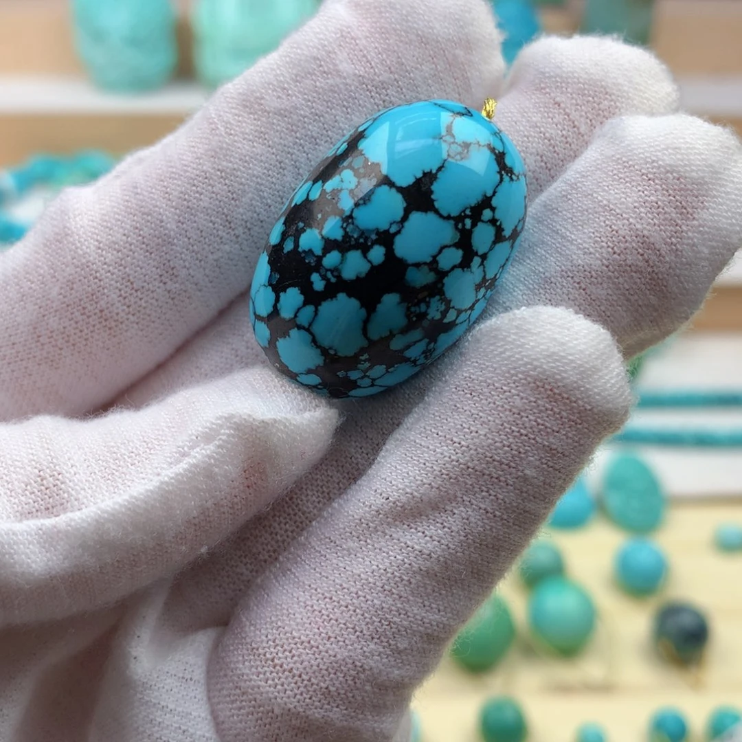 绿松石未镶嵌珠宝奇石高瓷蓝网花枣珠20.1*29.6mm