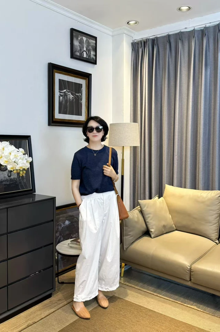 YGC【念想裤】韩版时尚松紧腰木耳边拼接显瘦直筒阔腿休闲裤252063