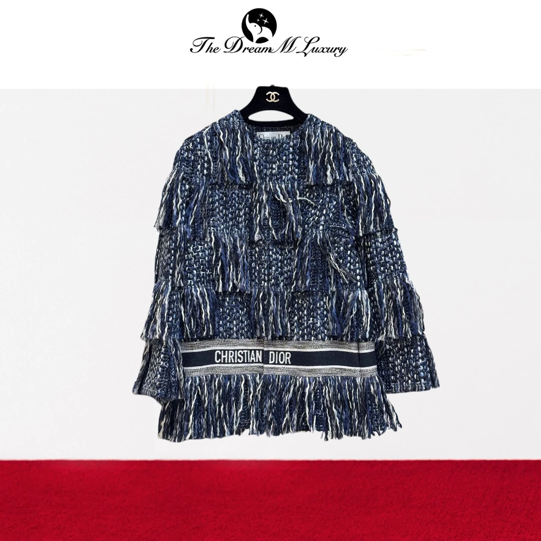 99新 DIOR/迪奥 F38码走秀款藏蓝色流苏拼接字母编织外套
