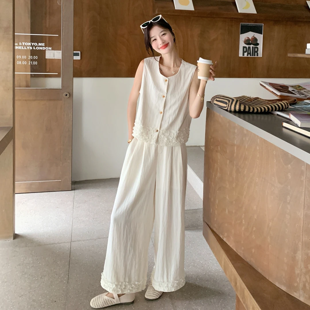 设计感后背蕾丝拼接背心阔腿裤套装女2025夏新款木耳边马甲两件套
