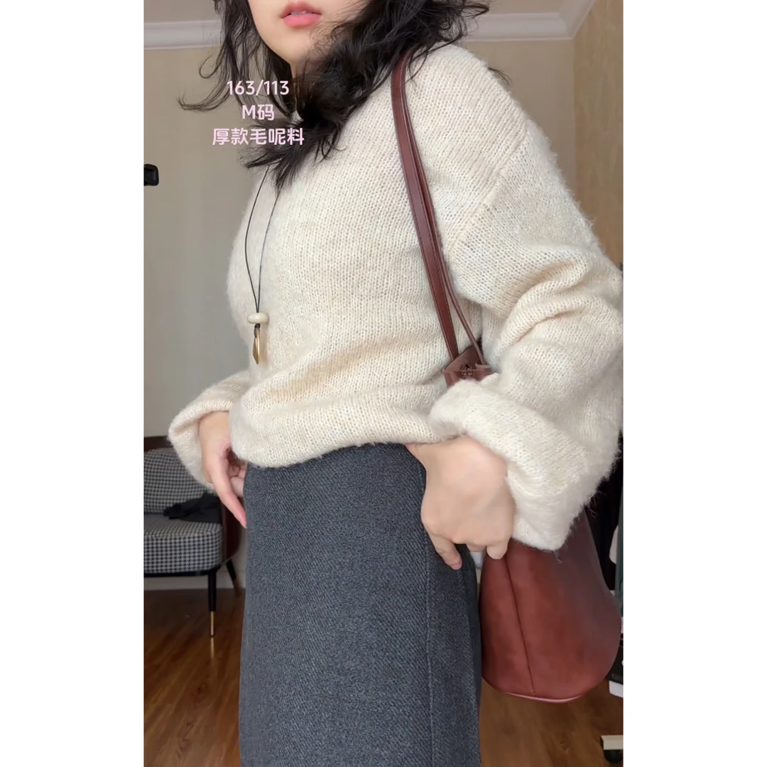 秋冬新款黑色毛呢高腰修身显瘦中长款A字女士半身裙