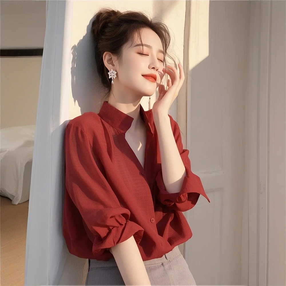 法式独特别致炸街减龄漂亮小衫夏季设计感小众洋气七分袖红色衬衫