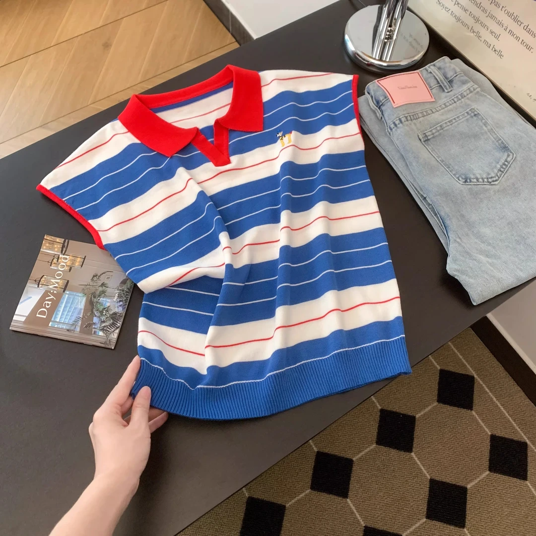实拍设计感撞色条纹polo领针织小飞袖上衣女夏季正肩冰丝短袖t恤