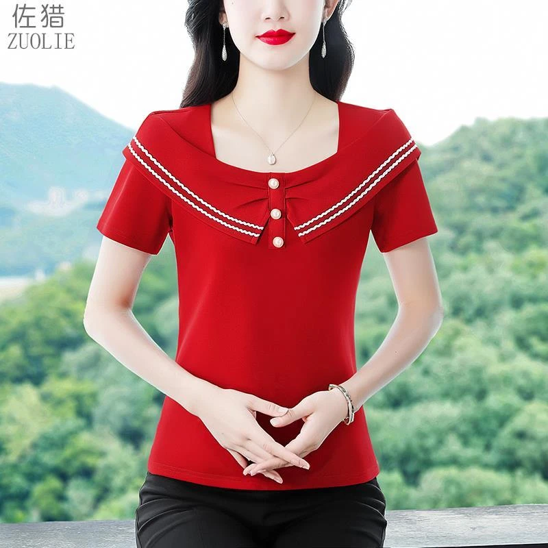 妈妈装黑色方领短袖t恤女夏季2025新款夏装时尚修身百搭休闲上衣