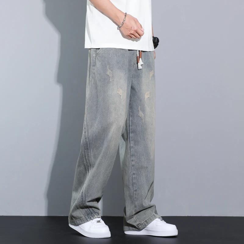 春秋工装牛仔裤男直筒宽松休闲2025美式复古做旧时尚潮流阔腿裤男