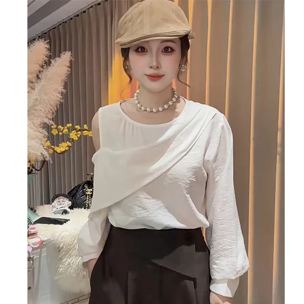 高级感不对称露肩长袖衬衫女早秋新款时尚减龄别致绝美显瘦上衣潮