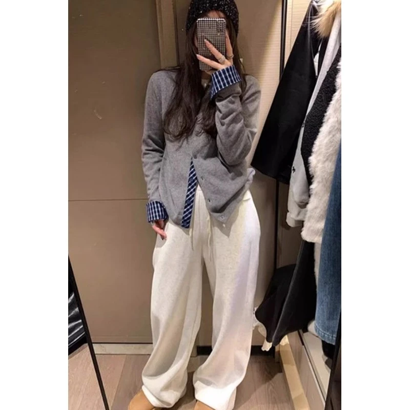 韩版拼接假两件圆领长袖针织开衫春秋新款宽松显瘦百搭上衣女外穿