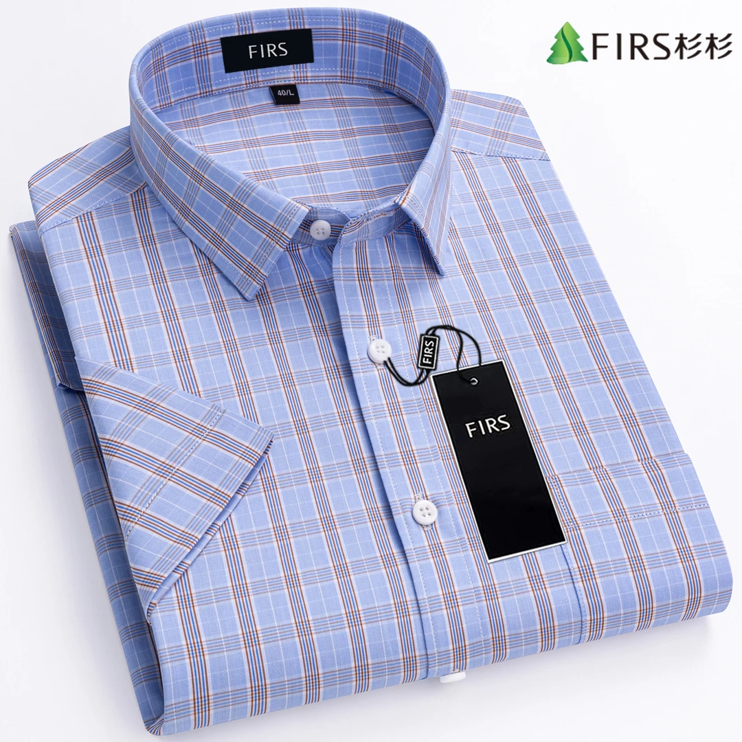 杉杉夏季中年男士格子短袖纯棉衬衫商务休闲透气薄款正装职业衬衣