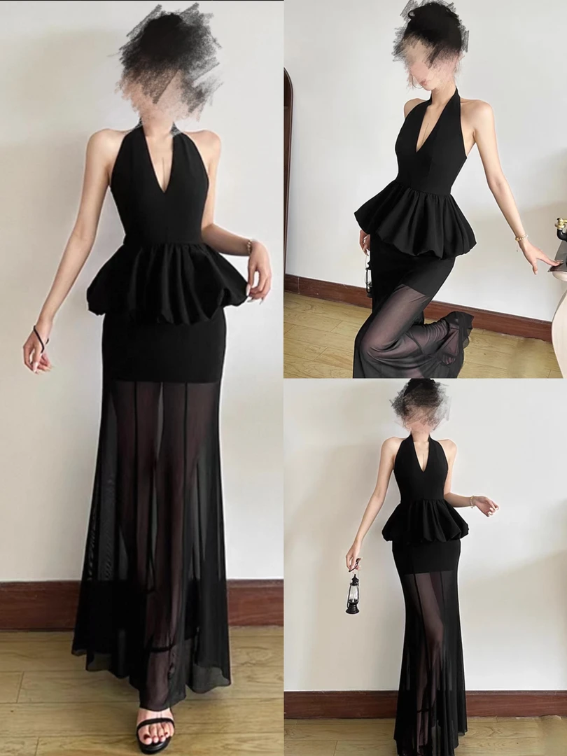 【性感小妈】胖mm轻熟御姐风V领挂脖连衣裙网纱透视两件长裙4767