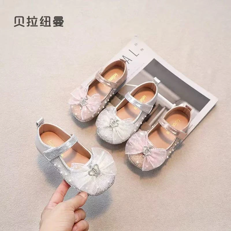 女童艾莎水钻公主鞋网纱蝴蝶结小皮鞋春秋款小女孩软底单鞋1051