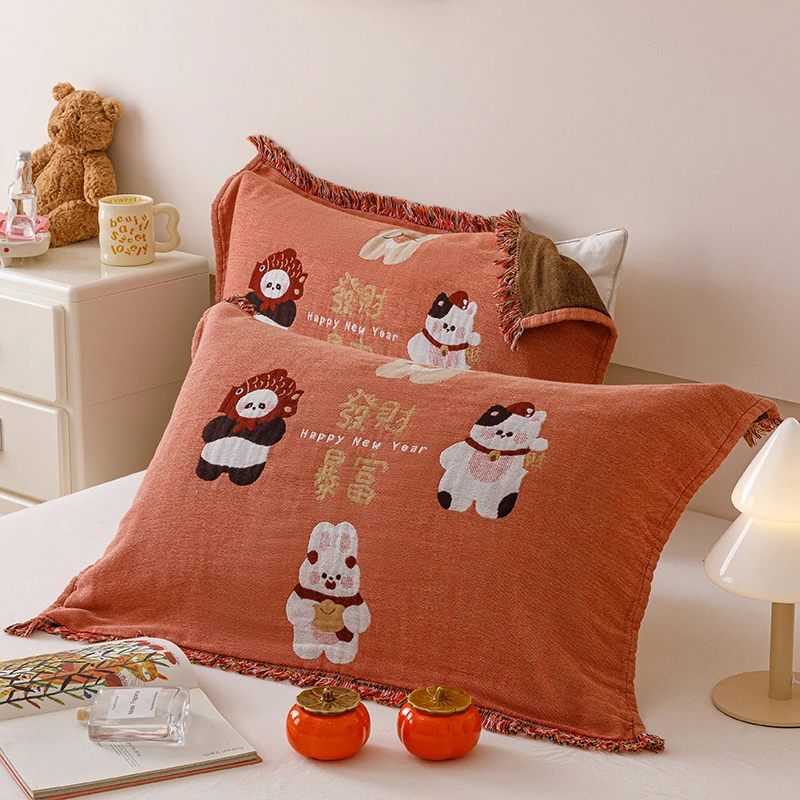 全棉四层纱布流苏款纱布枕巾小清新隔脏新年氛围感喜庆情侣