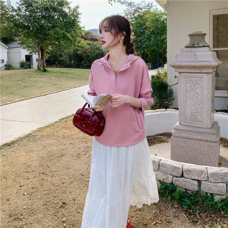 粉色空气层太空棉半拉链卫衣外套女春装新款连帽韩版宽松chic上衣