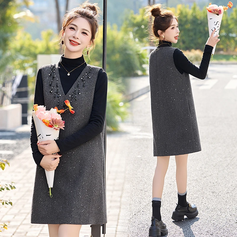 赫本风小香风套装早春两件套女装2025新款背心连衣裙叠穿毛衣套装