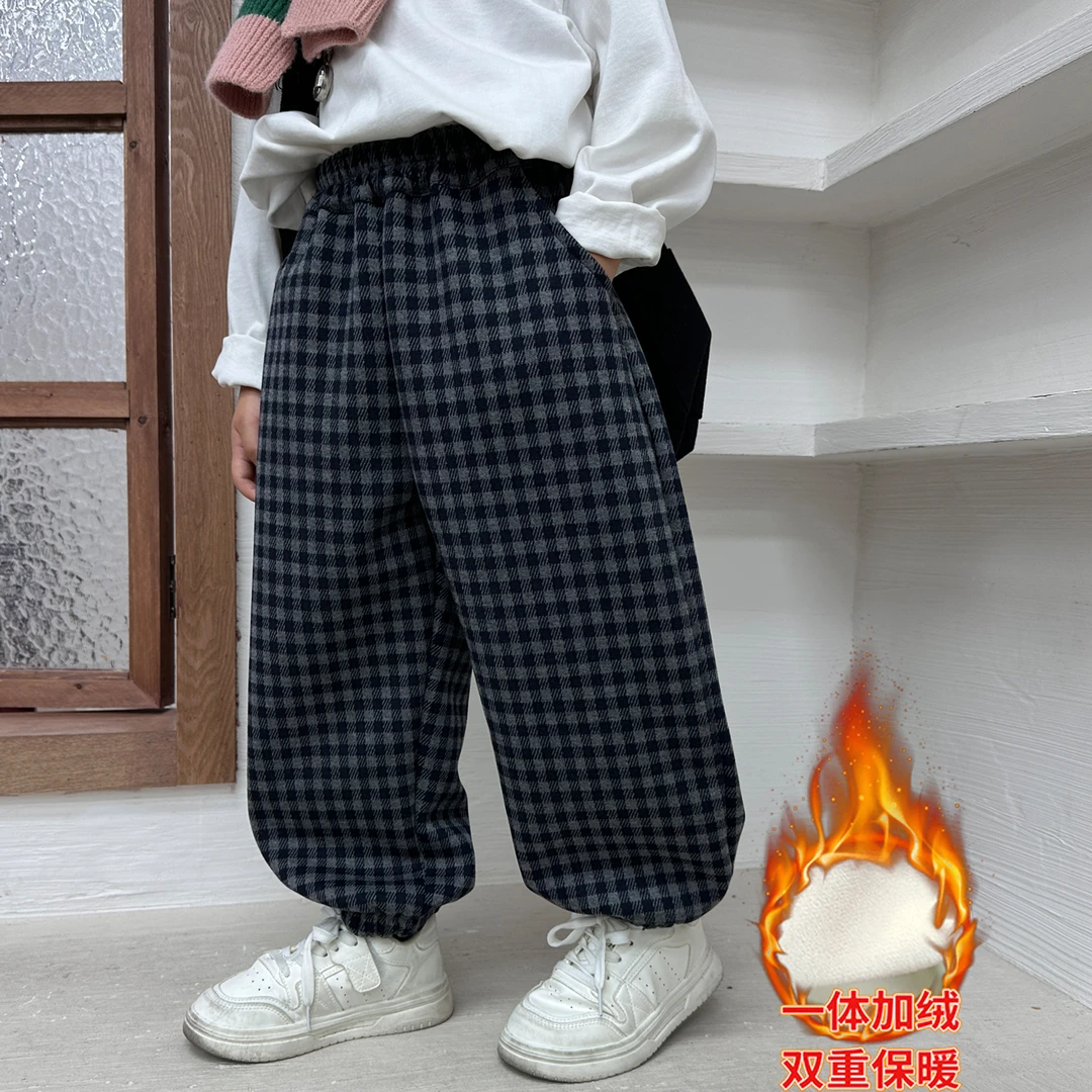 男童加绒裤子2025新款男孩秋冬装时髦洋气宝宝韩版格子宽松长裤潮