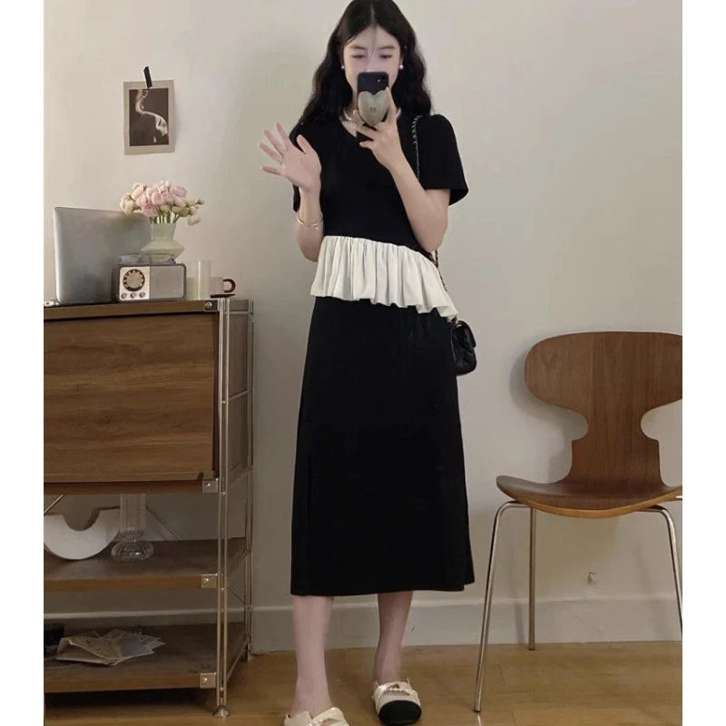 （现货）大码胖mm高级感连衣裙夏季显瘦荷叶边撞色假两件a字裙1552