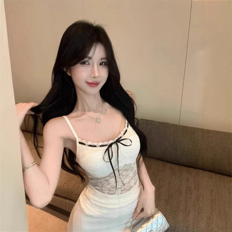 纯欲辣妹法式气质性感蕾丝背心吊带女内搭蝴蝶结短款外穿打底上衣