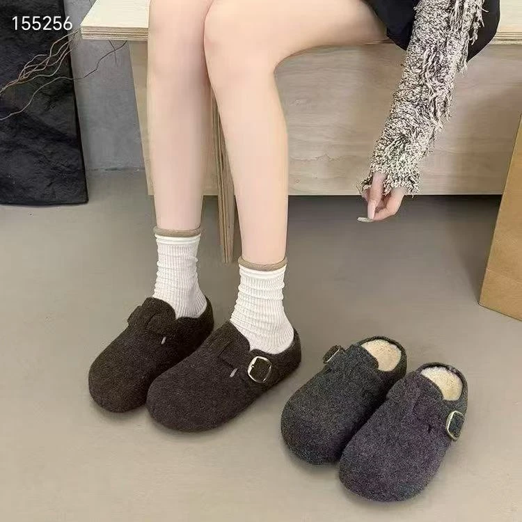 加绒复古居家纯色包头拖平底百搭皮带