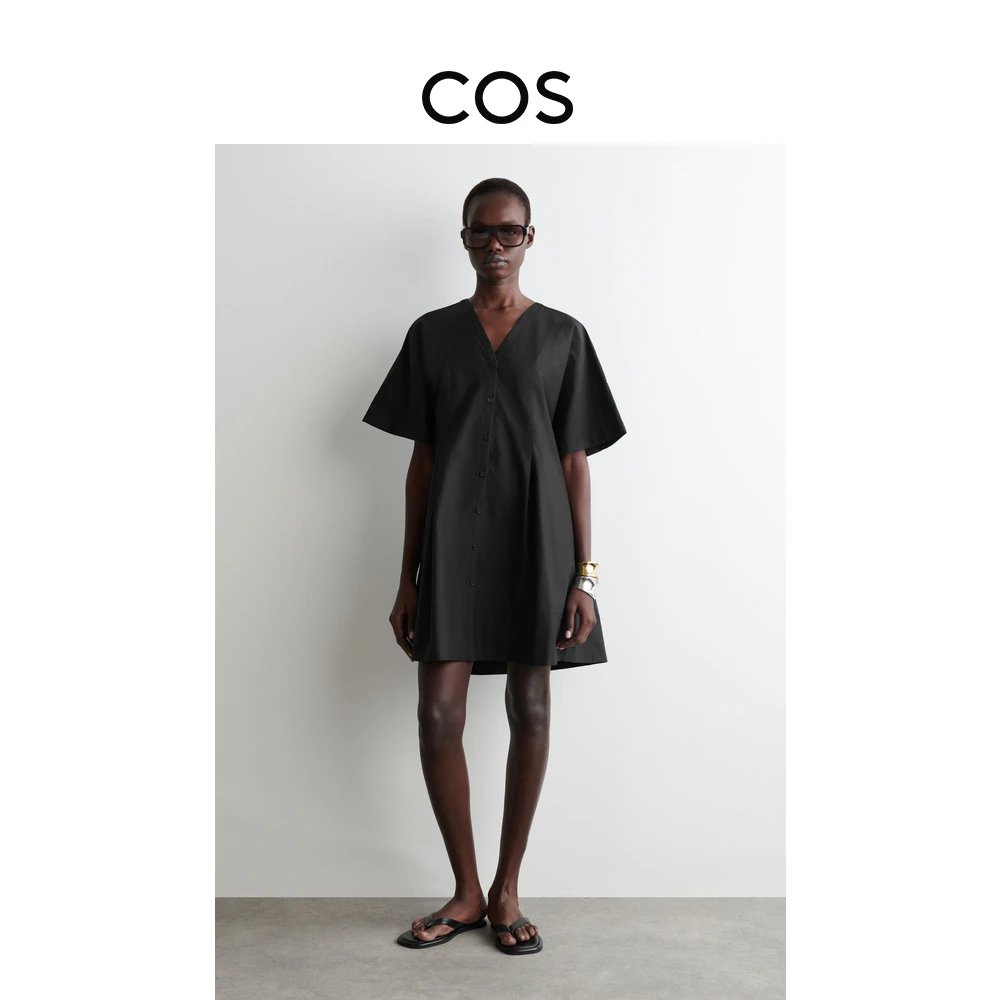 COS女装 褶裥收腰黑色V领连衣裙气质穿搭2025夏季新品1271727001