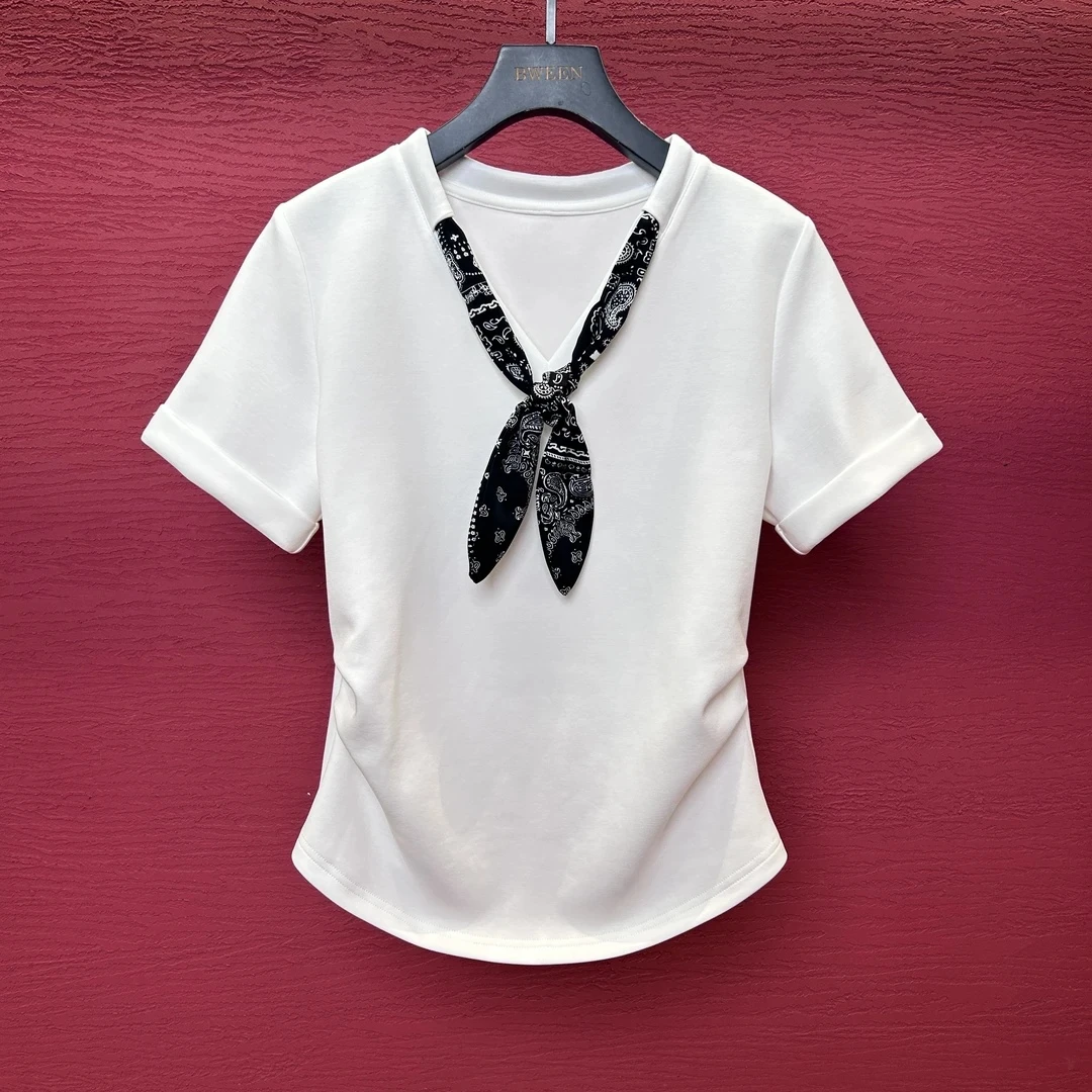 夏季正肩常规拼接透气V领T恤潮流休闲百搭高街穿搭显瘦气质白色