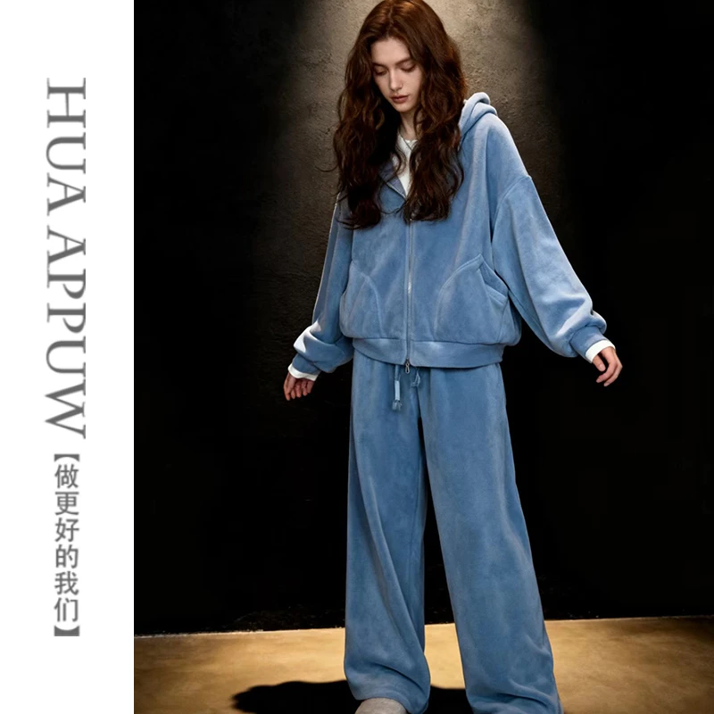 画朴休闲感运动风蓝色套装2025冬季新款百搭连帽卫衣阔腿裤两件套