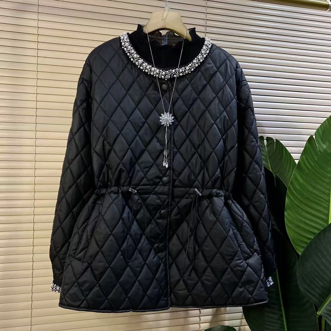 H胖mm欧货时尚新款重工钉珠收腰菱格气质显瘦棉服外套