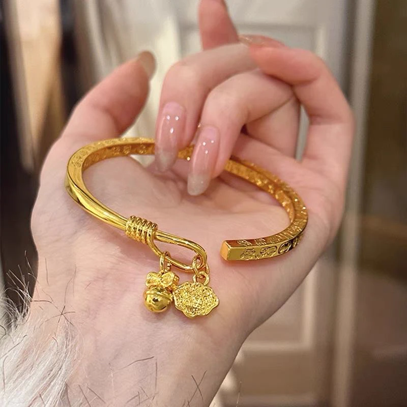 铜合金手镯 嘉嘉推荐# 新中式古法金色铃铛如意开口手镯