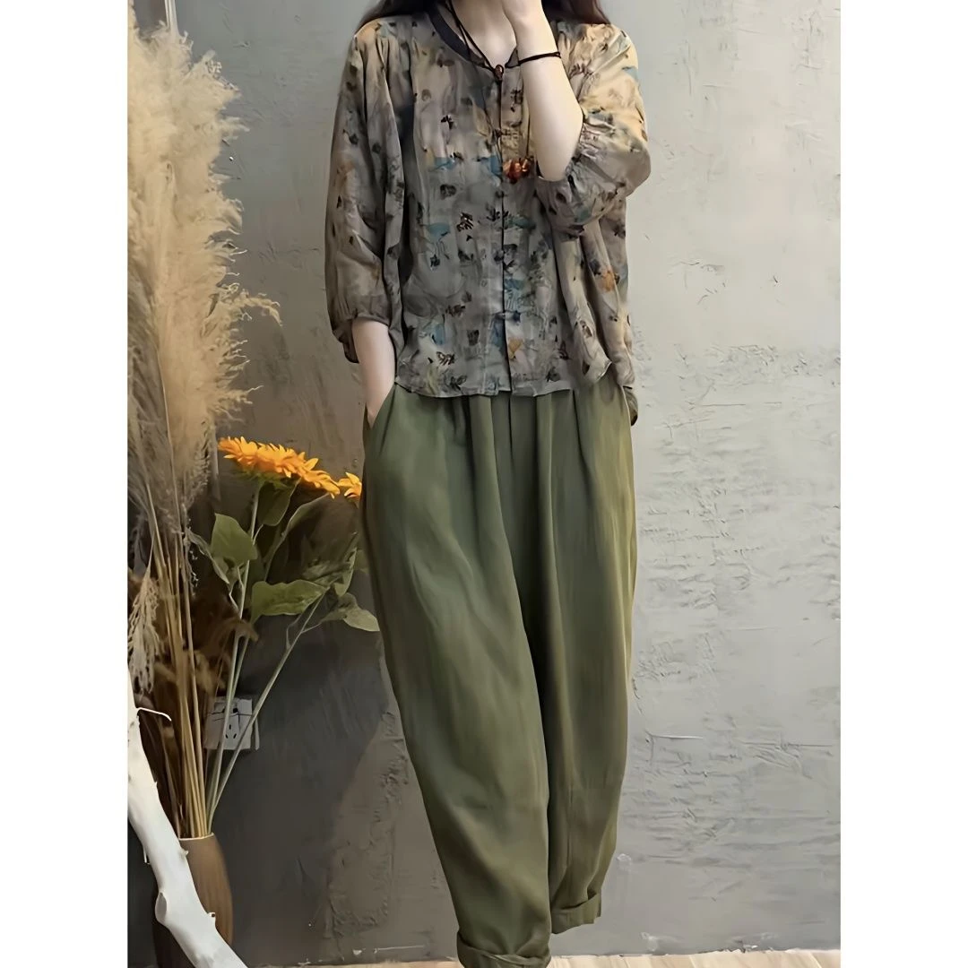 新款时尚大码棉套装女印花开衫上衣宽松遮肉休闲哈伦裤两套