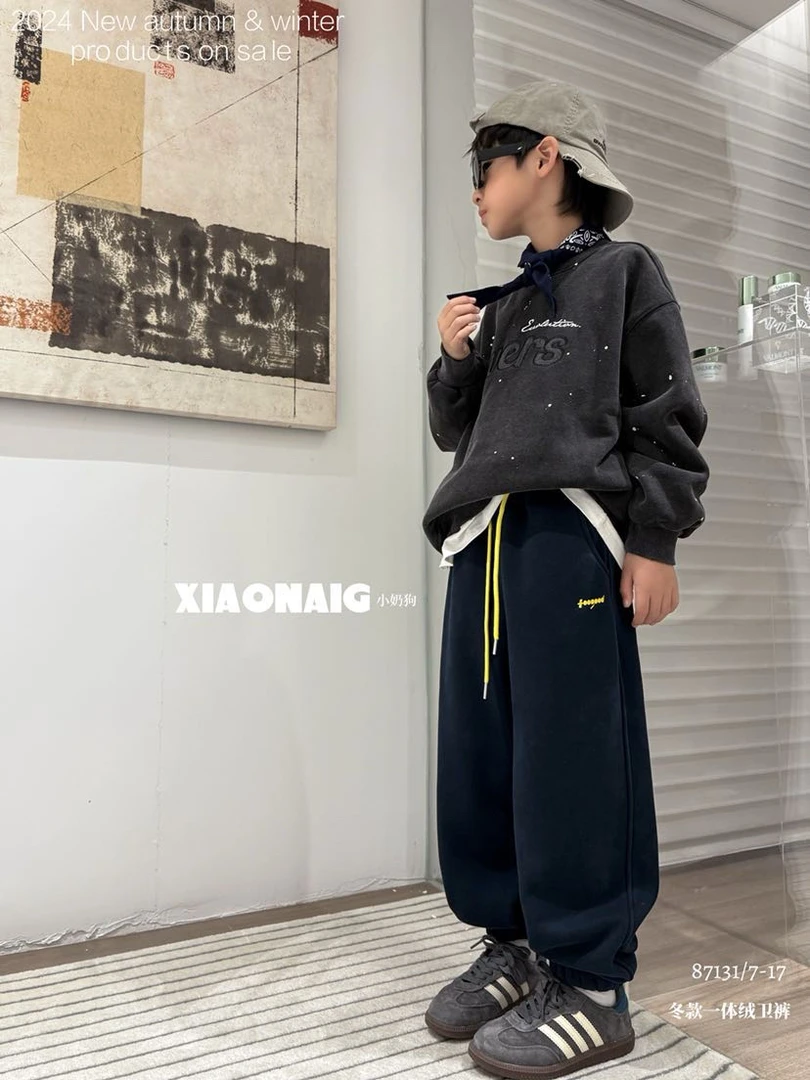 儿童加绒裤子秋冬装2024新款时髦洋气男女童休闲百搭运动裤卫裤潮