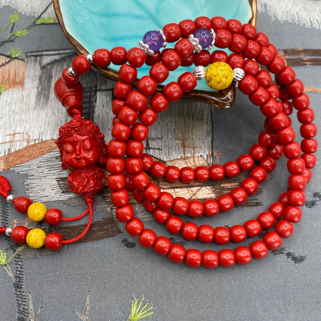 含辰砂工艺品高含量朱砂红砂设计款直切多圈度母108长链爆款念珠