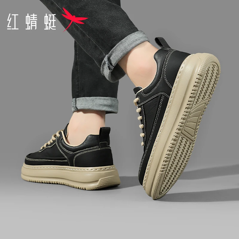 红蜻蜓男鞋冬季新款时尚复古厚底休闲板鞋增高简约圆头系带低帮鞋