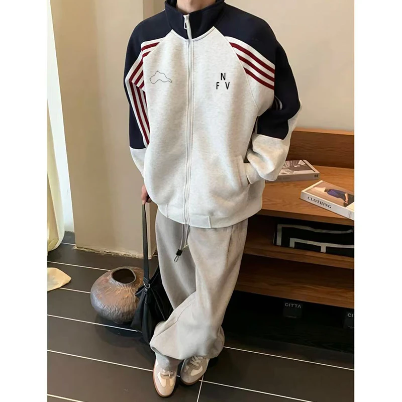 美式创意字母印花撞色立领卫衣男秋季潮牌百搭宽松三条杠开衫外套