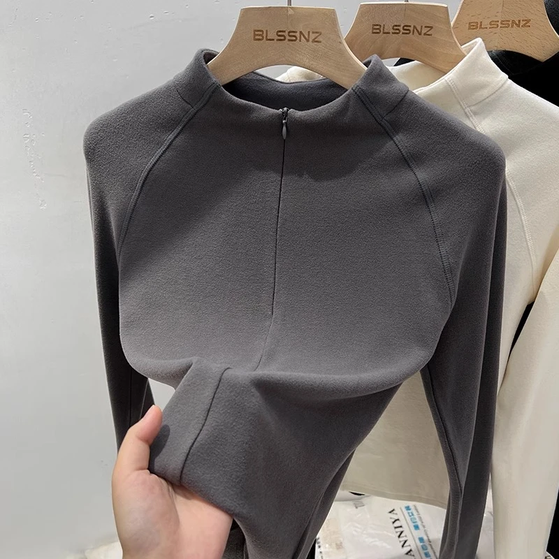 灰色半拉链长袖t恤女秋冬2025新款上衣半高领加绒德绒打底衫内搭