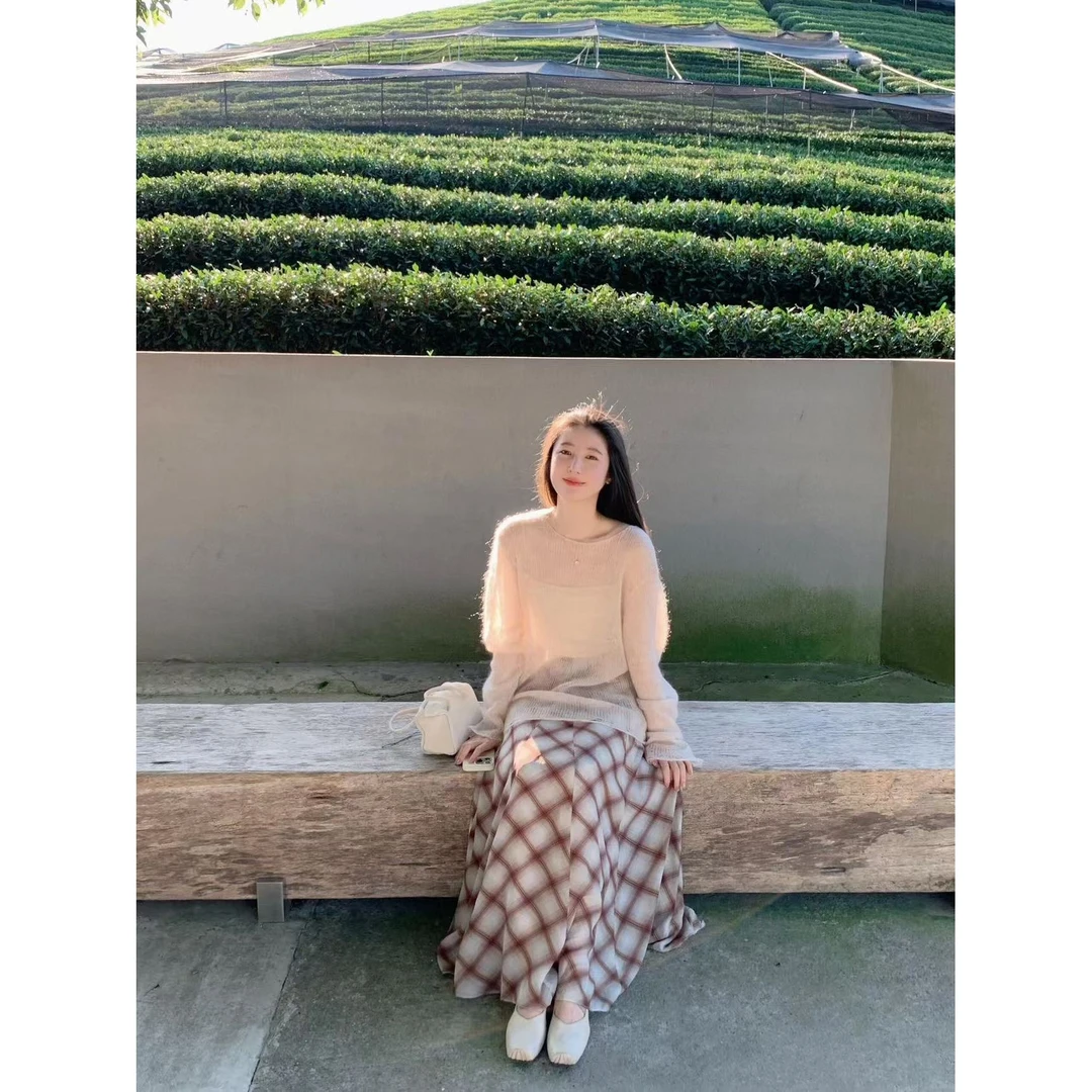 设计感针织衫毛衣女格纹半身裙2025秋季显瘦气质穿搭一整套装裙