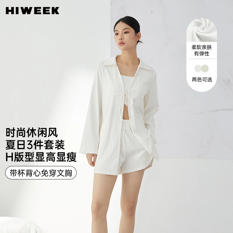 HiWeek夏日长袖上衣衬衫短裤带杯背心三件套运动风休闲时尚套装女