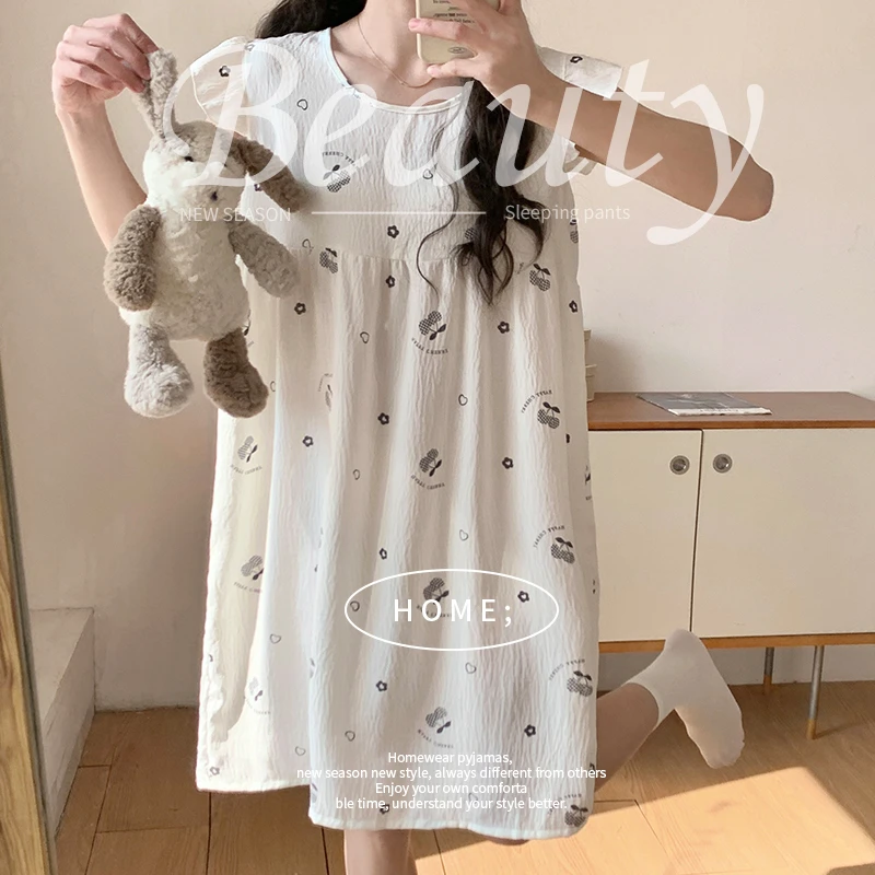 ins甜美印花云朵棉睡裙女夏季韩版小飞袖少女田园小个子新款睡衣