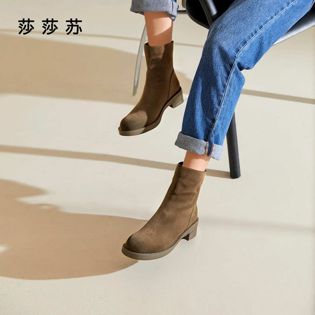 【陨石拿铁】莎莎苏2025秋冬新款中筒靴英伦百搭切尔西靴ZA65713-40
