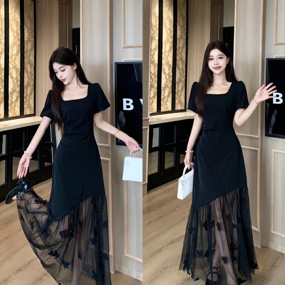 大码法式方领连衣裙夏季赫本风蝴蝶网纱拼接小黑裙胖MM显瘦裙子女