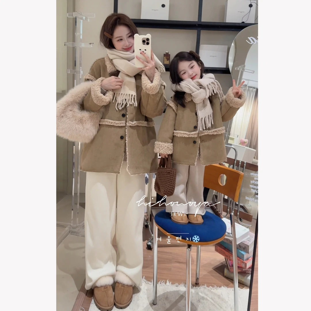 【松栗奶芙】七Hihoniya~2025秋冬亲子复古麂皮高级皮毛一体外套