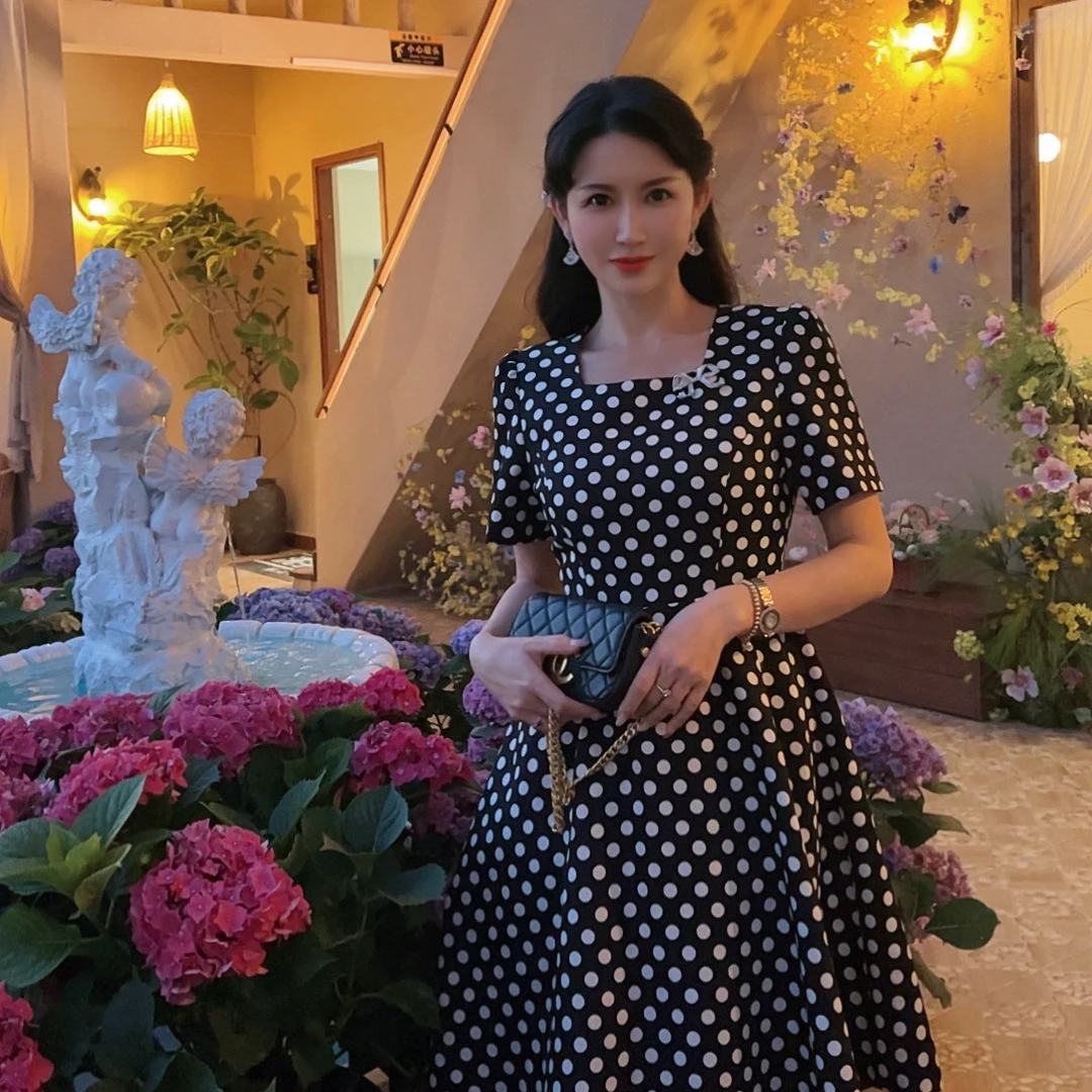 【复古波点】 AN010 安妮老板 气质波点收腰有口袋短袖连衣裙