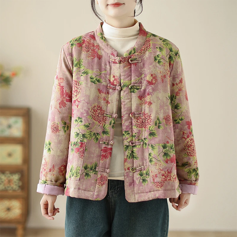 外贸出口尾单大牌女装秋中式盘扣印花外套轻薄夹棉宽松保暖短棉衣