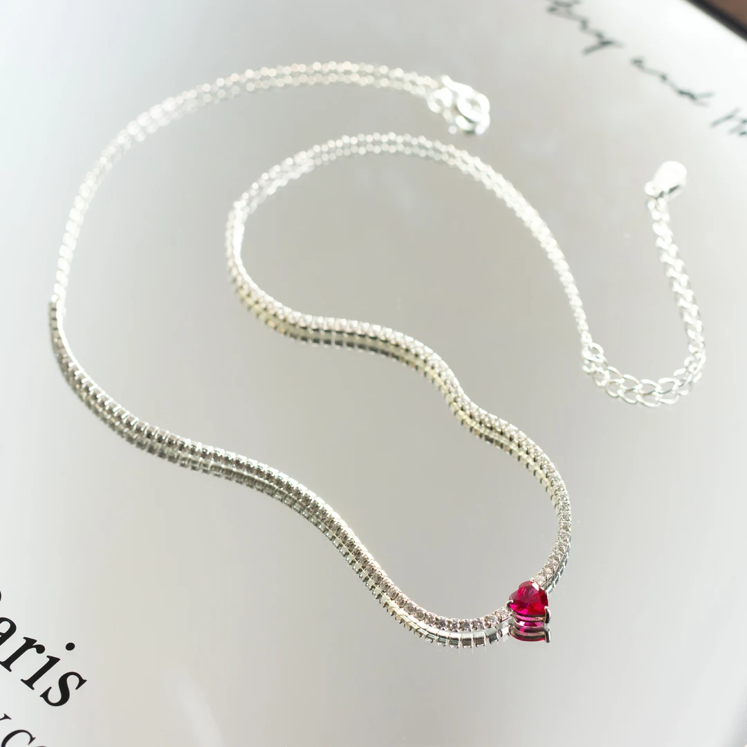 培育红宝石S925银素银镶嵌培育红宝石爱心气质百搭轻奢女款套链