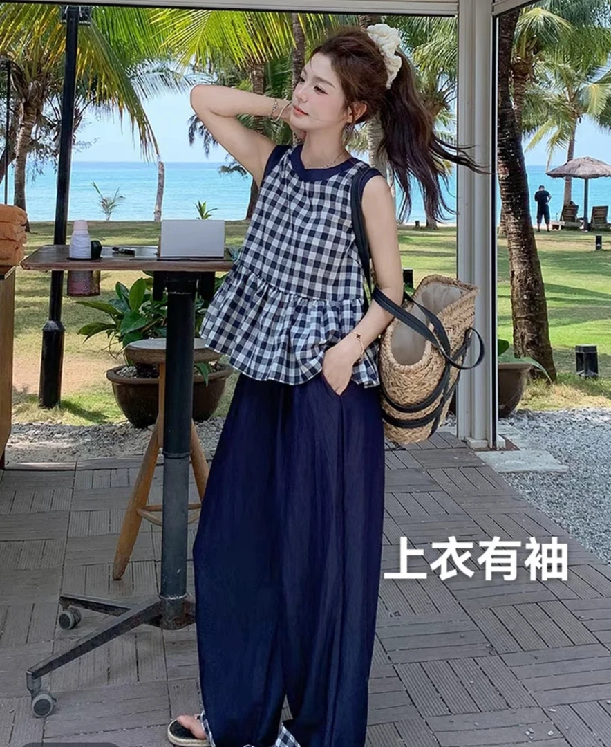 大码 【请叫我欧尼】显瘦慵懒风格子短袖上衣+裤子套装1901