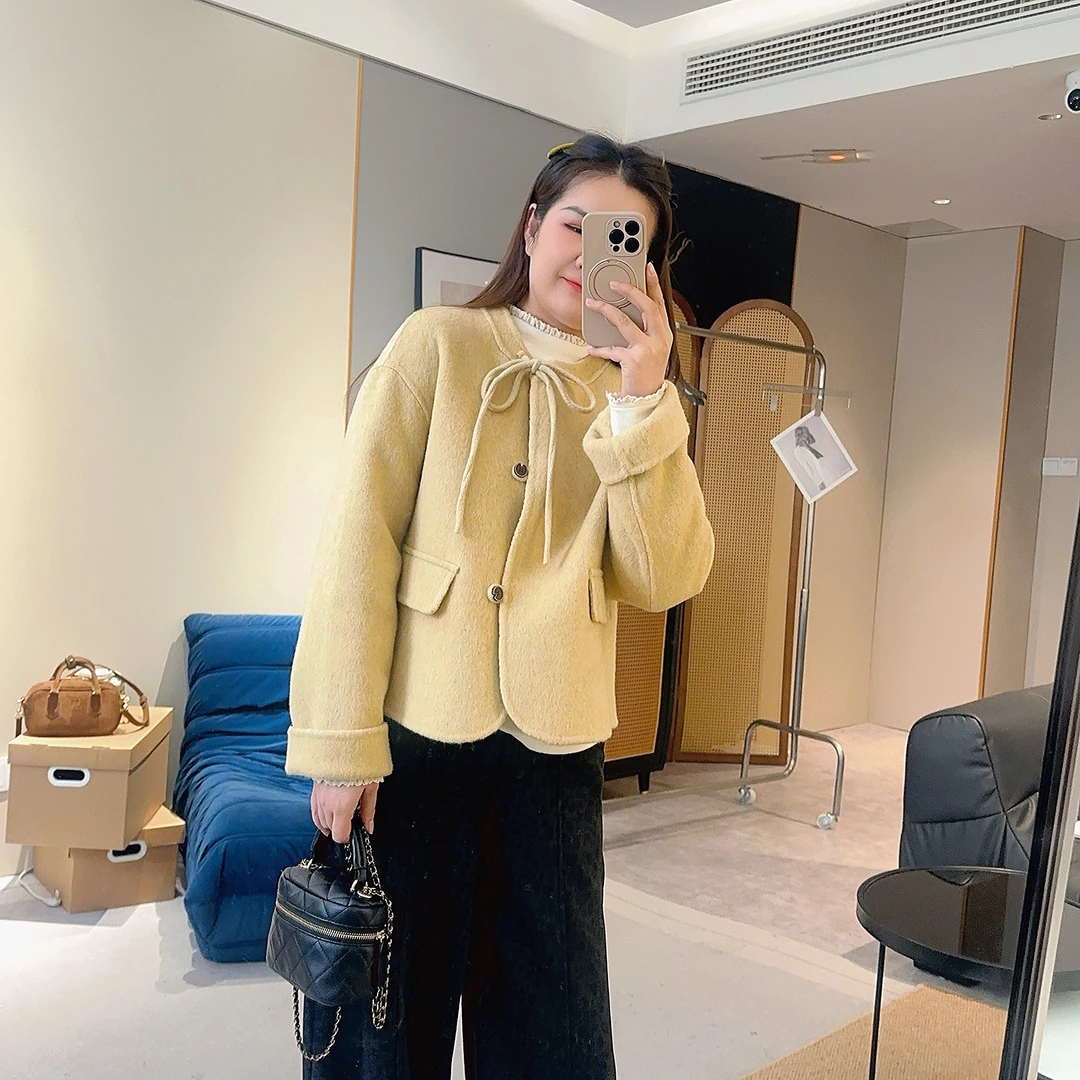 【欧加粒粒】圆领系带蝴蝶结双面羊毛短款大衣甜美气质 AM25103145