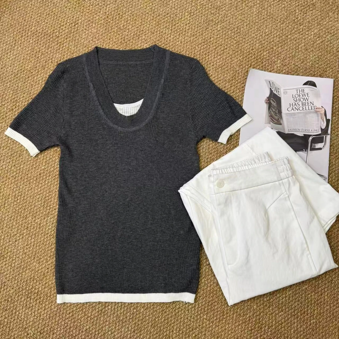 深圳南油白桃美美 简约针织上衣休闲时尚新款U领针织衫A2553