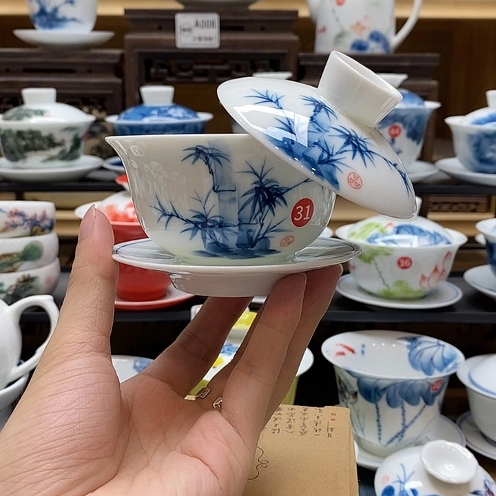 手绘竹子悬停盖碗150cc釉下彩微瑕福利款